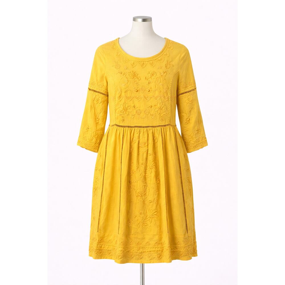 Anthropologie Yellow Embroidered Midi Dress Size S Boho Cottagecore Prairie